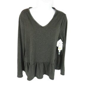 Silverwear Womens Black & Gray Striped Long Sleeve Peplum Top M NWT $40